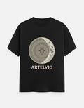 ARTELVIO Celestial Mandala Tee in black with a celestial mandala sun and crescent moon graphic on the front
