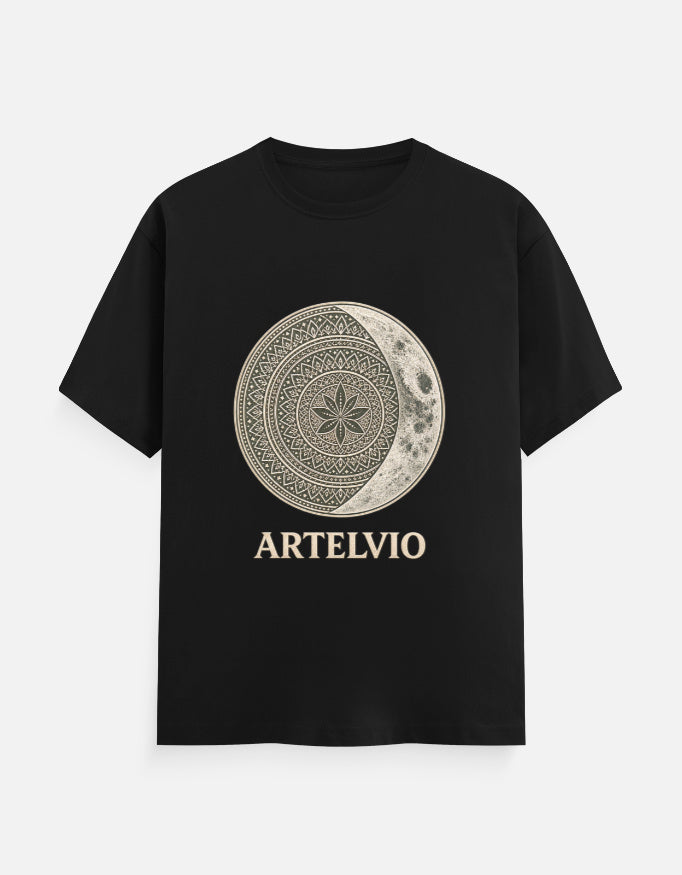 ARTELVIO Celestial Mandala Tee in black with a celestial mandala sun and crescent moon graphic on the front