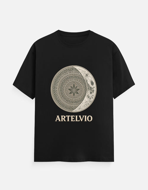 ARTELVIO Celestial Mandala Tee in black with a celestial mandala sun and crescent moon graphic on the front