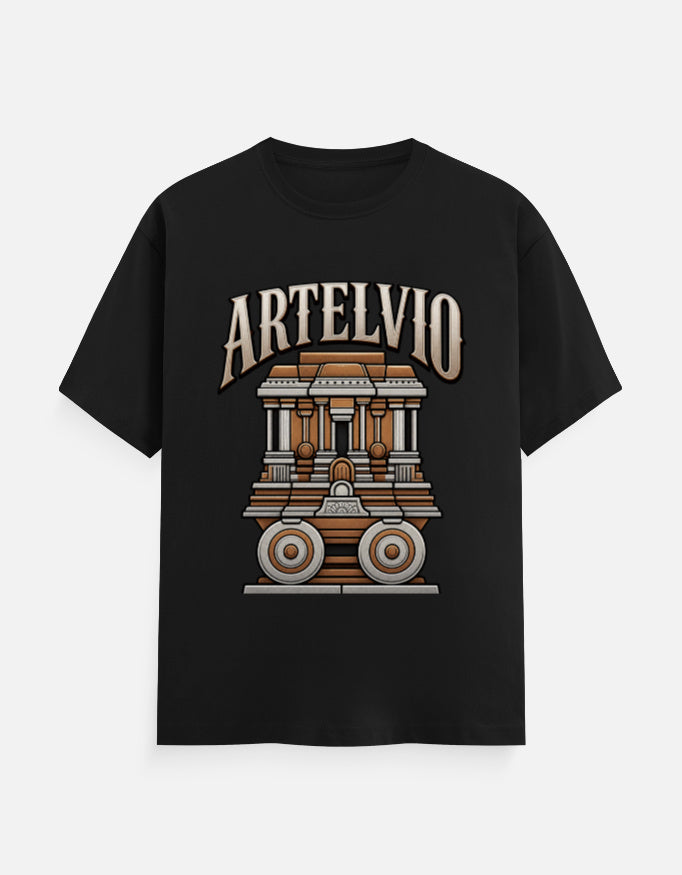 Black ARTELVIO Heritage Architectural Tee with Roman-inspired architectural graphic on the front