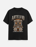 Black ARTELVIO Heritage Architectural Tee with Roman-inspired architectural graphic on the front