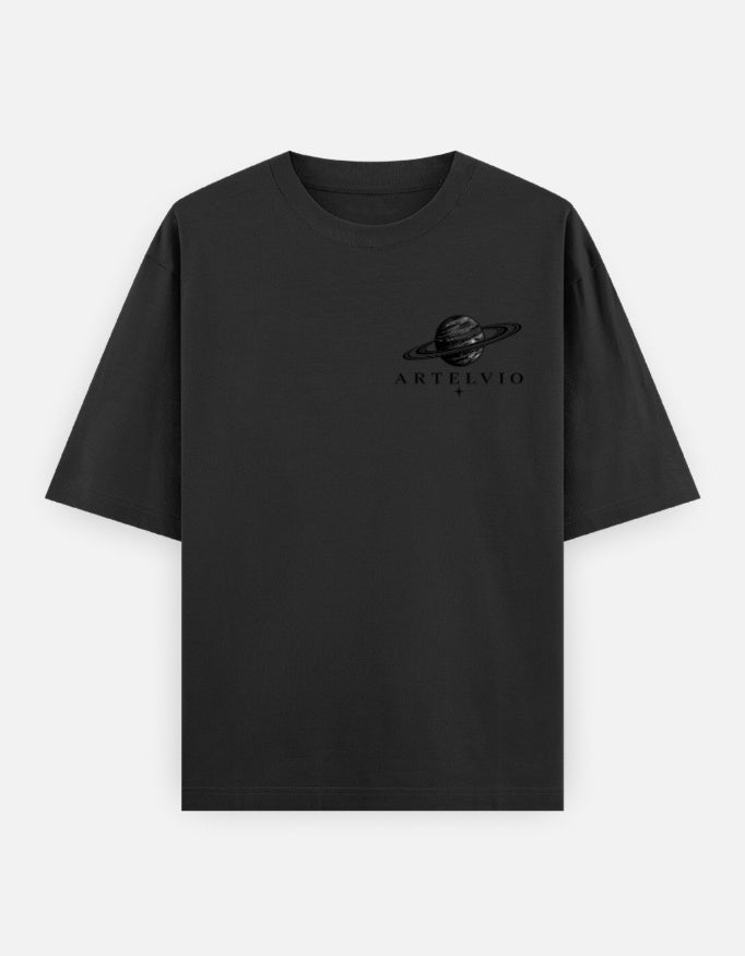 ARTELVIO Unruly oversized black T-shirt with signature planet crest logo on front