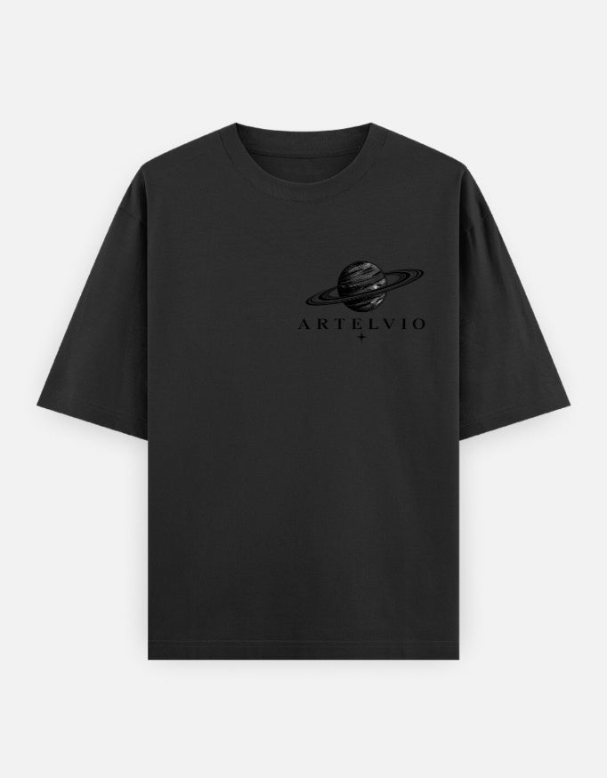 Artelvio Eclipse Wings oversized women's tee in black with signature planet crest graphic on front