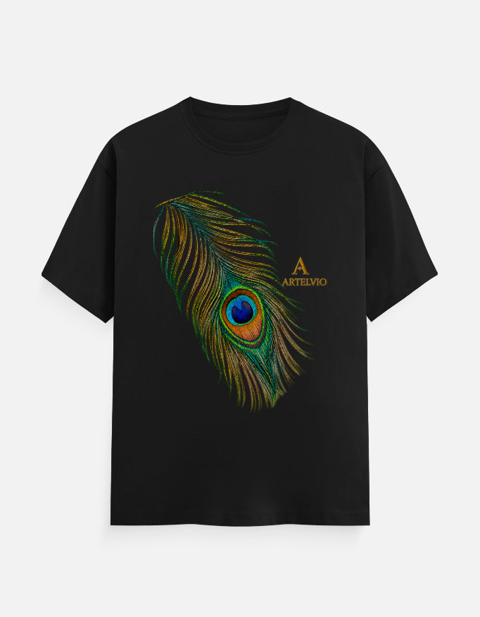 ARTELVIO Peacock Essence Tee in black with a detailed colorful peacock feather graphic.