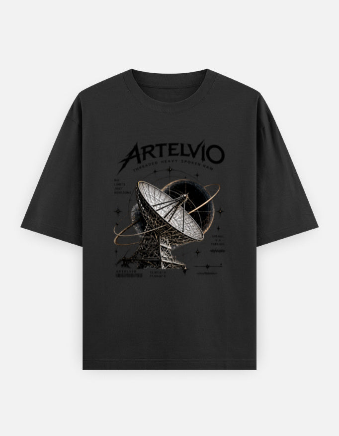 ARTELVIO Signal From Beyond oversized black T-shirt with satellite dish graphic, 240 GSM heavyweight cotton