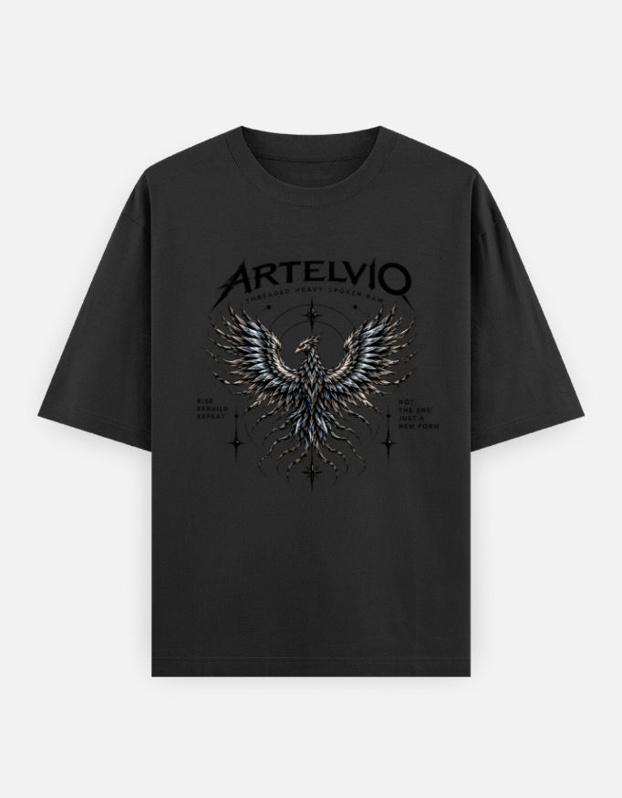ARTELVIO Phoenix Rebirth oversized black heavyweight T-shirt with phoenix graphic