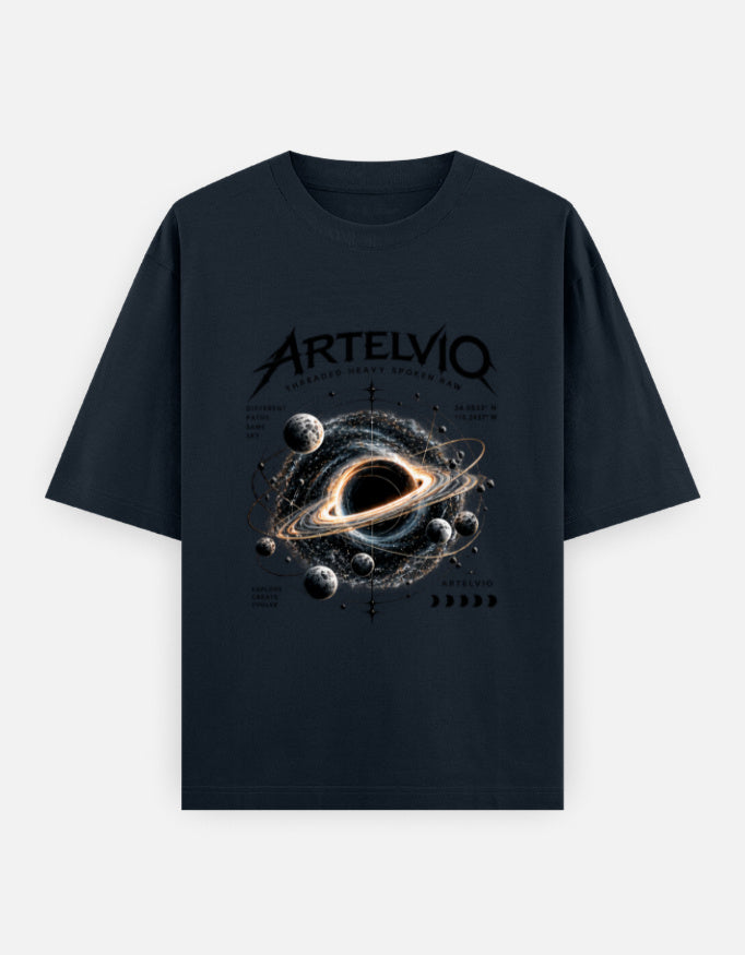 ARTELVIO COSMIC GRAVITY oversized navy T-shirt with cosmic black hole graphic
