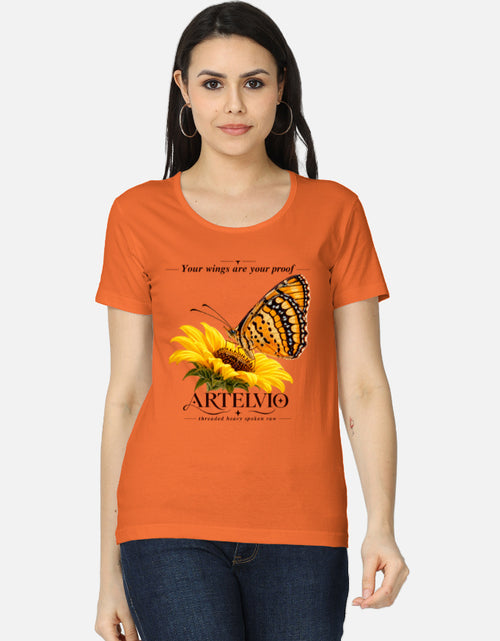 ARTELVIO orange women's t-shirt with butterfly and sunflower graphic on the front
