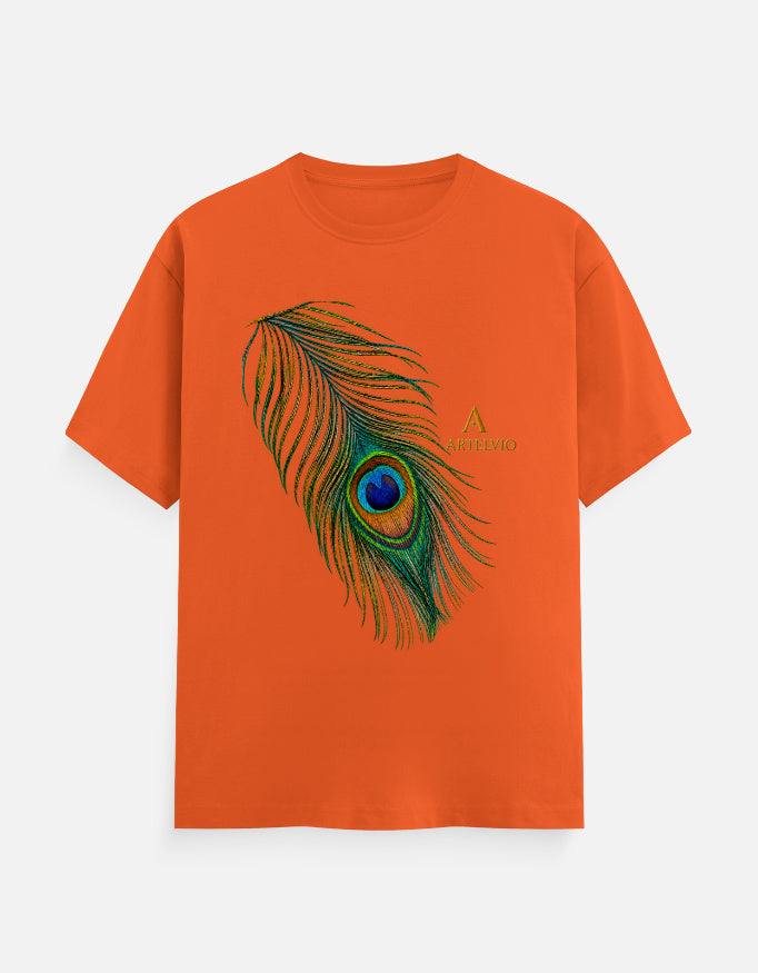 ARTELVIO Peacock Essence Tee in orange with a detailed colorful peacock feather graphic.