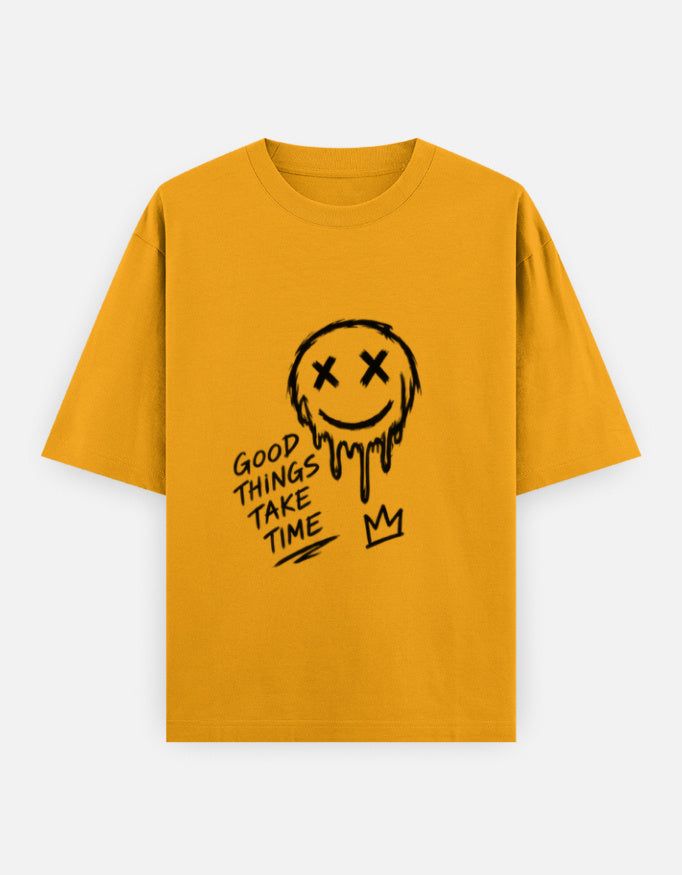 Artelvio The Wait oversized graphic t-shirt in golden yellow with hand-drawn Good Things Take Time design