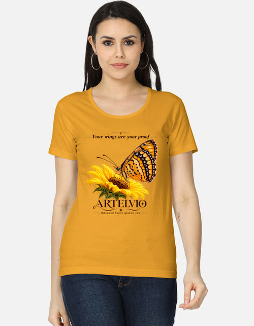 ARTELVIO golden yellow women's t-shirt with butterfly and sunflower graphic on the front