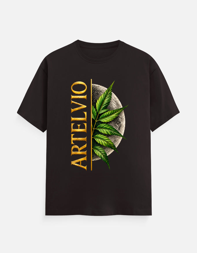 ARTELVIO Lunar Botanica Tee in coffee brown with green botanical leaves, full moon graphic, and vertical ARTELVIO typography