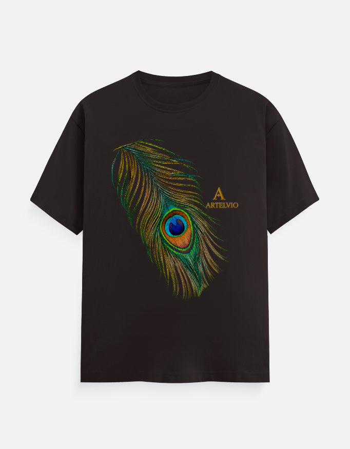 ARTELVIO Peacock Essence Tee in coffee brown with a detailed colorful peacock feather graphic.