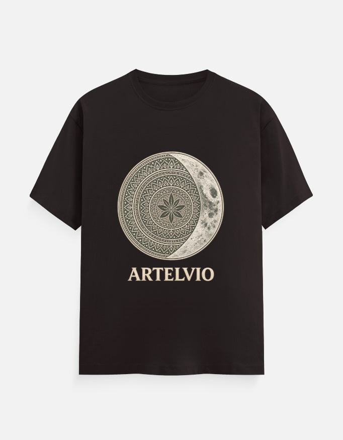 ARTELVIO Celestial Mandala Tee in coffee brown with a celestial mandala sun and crescent moon graphic on the front