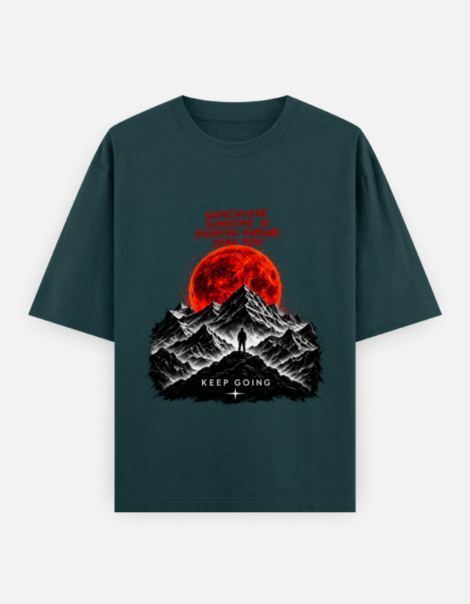 Artelvio KEEP GOING oversized t-shirt in blue with red moon graphic