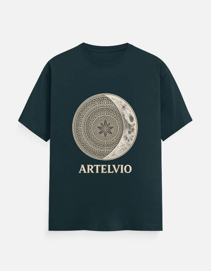 ARTELVIO Celestial Mandala Tee in petrol blue with a celestial mandala sun and crescent moon graphic on the front