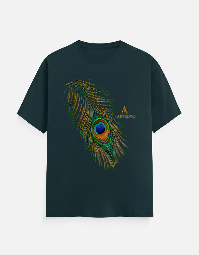 ARTELVIO Peacock Essence Tee in petrol blue with a detailed colorful peacock feather graphic.