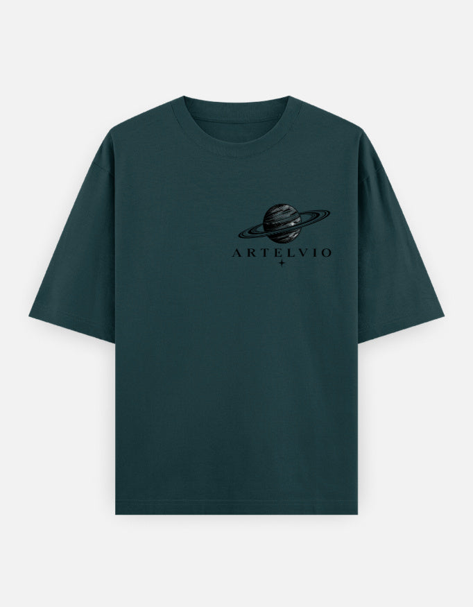 Artelvio Eclipse Wings oversized women's tee in petrol blue with signature planet crest graphic on front