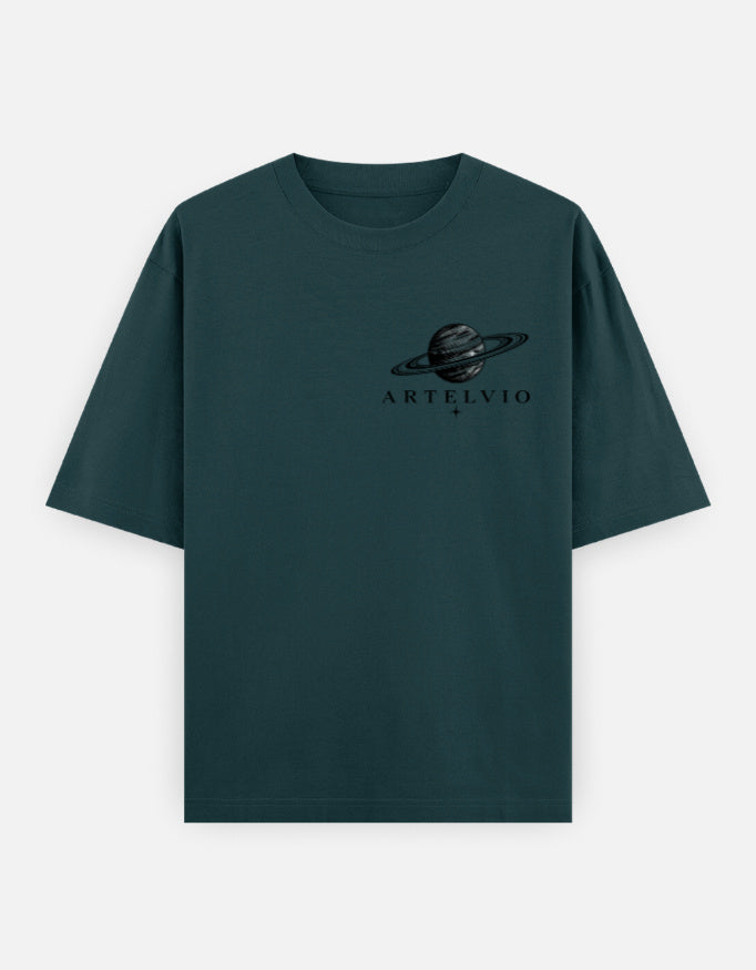 Petrol blue oversized t-shirt featuring the ARTELVIO ringed planet graphic on the chest