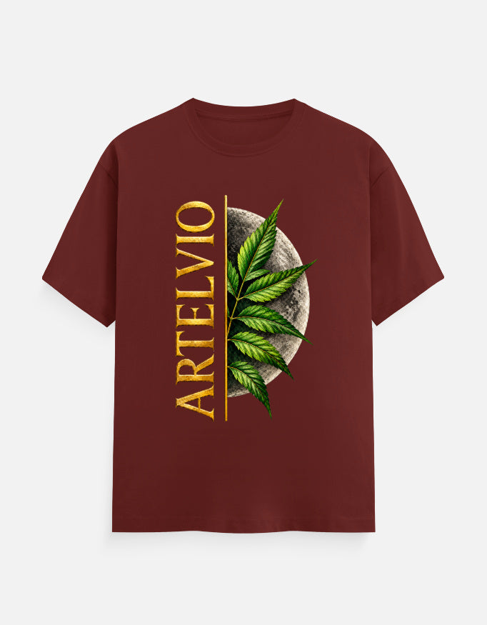 ARTELVIO Lunar Botanica Tee in brick red with green botanical leaves, full moon graphic, and vertical ARTELVIO typography