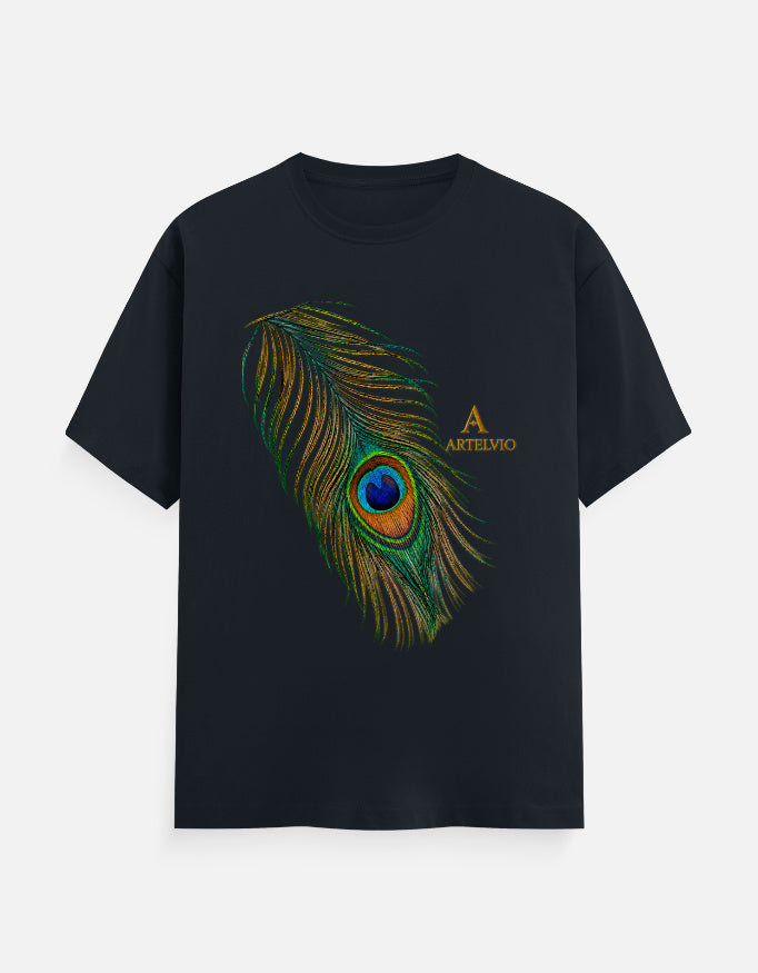ARTELVIO Peacock Essence Tee in navy blue with a detailed colorful peacock feather graphic.