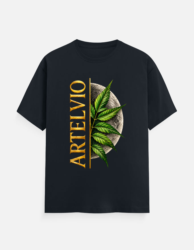 ARTELVIO Lunar Botanica Tee in navy blue with green botanical leaves, full moon graphic, and vertical ARTELVIO typography