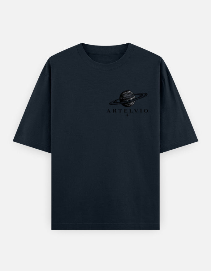Navy blue oversized t-shirt featuring the ARTELVIO ringed planet graphic on the chest