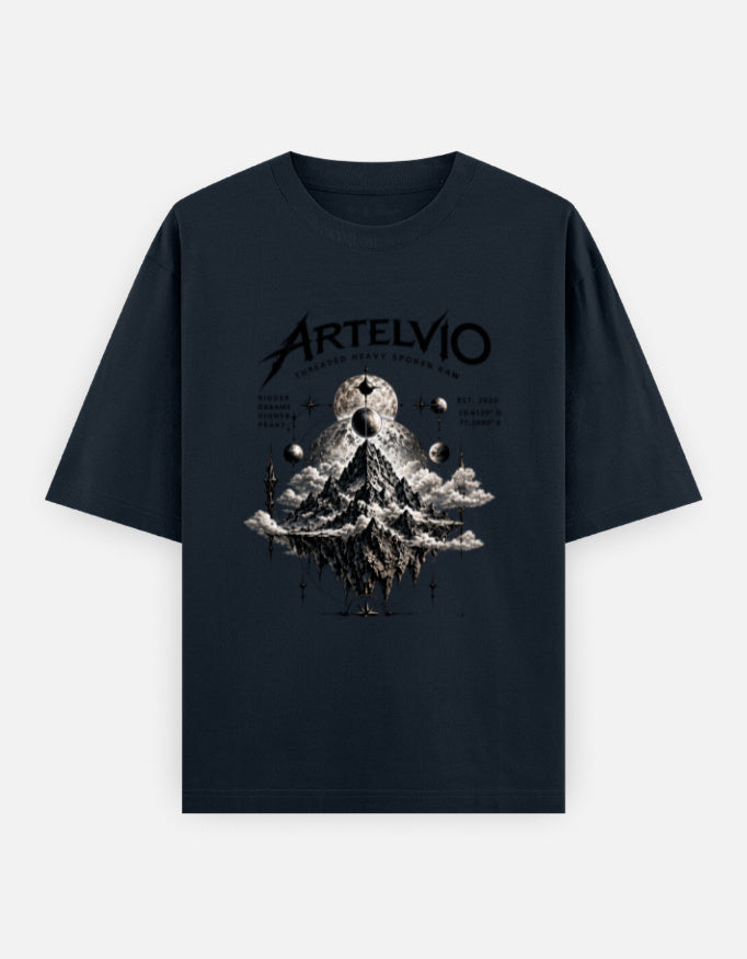 ARTELVIO COSMIC PEAKS oversized blue T-shirt with mountain and celestial graphic