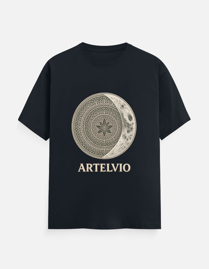 ARTELVIO Celestial Mandala Tee in navy blue with a celestial mandala sun and crescent moon graphic on the front