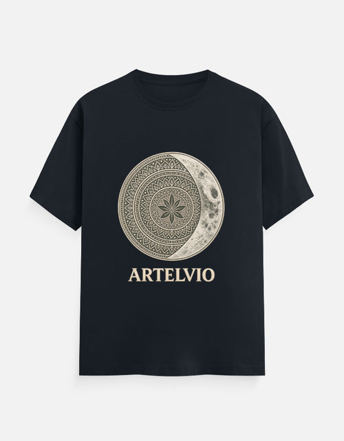 ARTELVIO Celestial Mandala Tee in navy blue with a celestial mandala sun and crescent moon graphic on the front