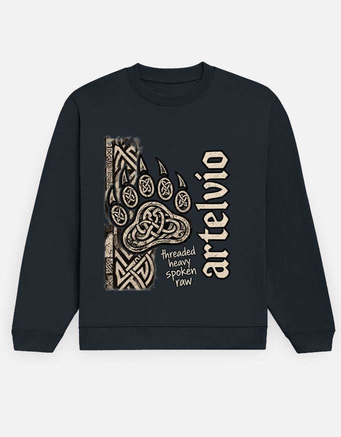 ARTELVIO THREADBOUND Men's Navy Blue Sweatshirt with knotwork-inspired graphic and vertical lettering