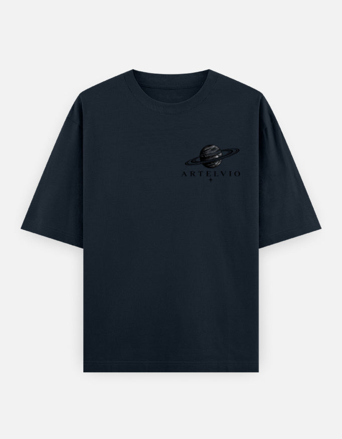 ARTELVIO Unruly oversized navy blue T-shirt with signature planet crest logo on front