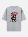 Grey melange oversized t-shirt with NO RISK NO STORY graphic, classical portrait and red accent print on the front