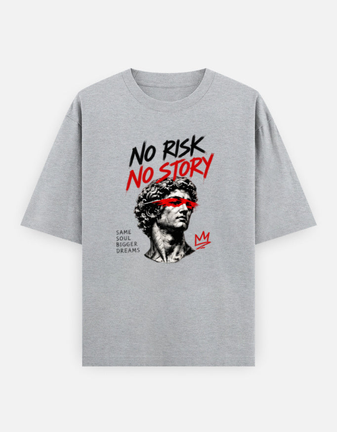 Grey melange oversized t-shirt with NO RISK NO STORY graphic, classical portrait and red accent print on the front