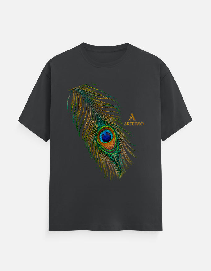 ARTELVIO Peacock Essence Tee in steel grey with a detailed colorful peacock feather graphic.