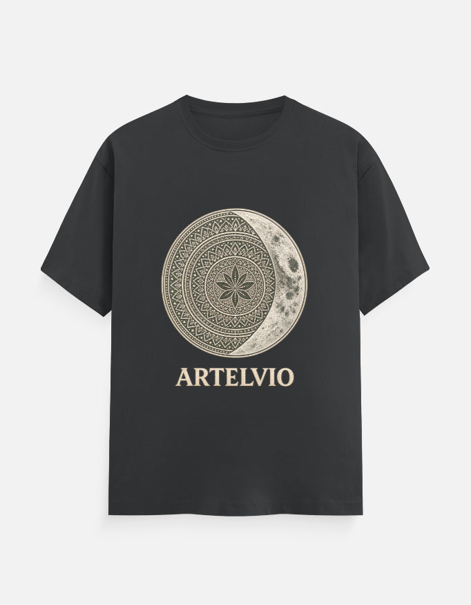 ARTELVIO Celestial Mandala Tee in steel grey with a celestial mandala sun and crescent moon graphic on the front