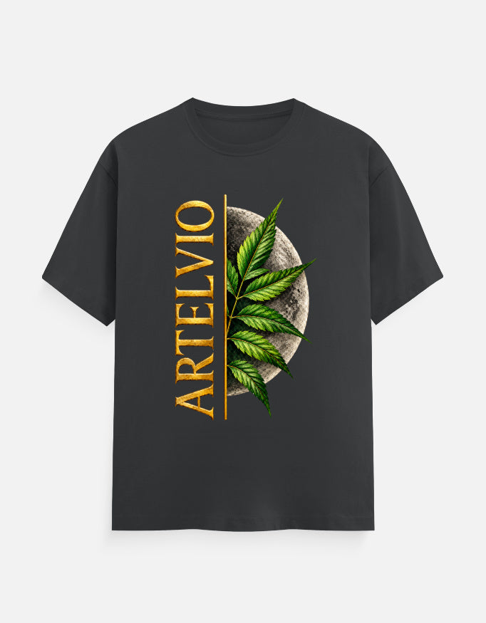 ARTELVIO Lunar Botanica Tee in steel grey with green botanical leaves, full moon graphic, and vertical ARTELVIO typography