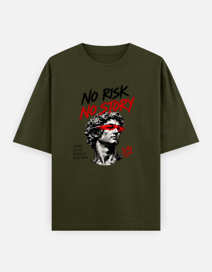 Olive green oversized t-shirt with NO RISK NO STORY graphic, classical portrait and red accent print on the front