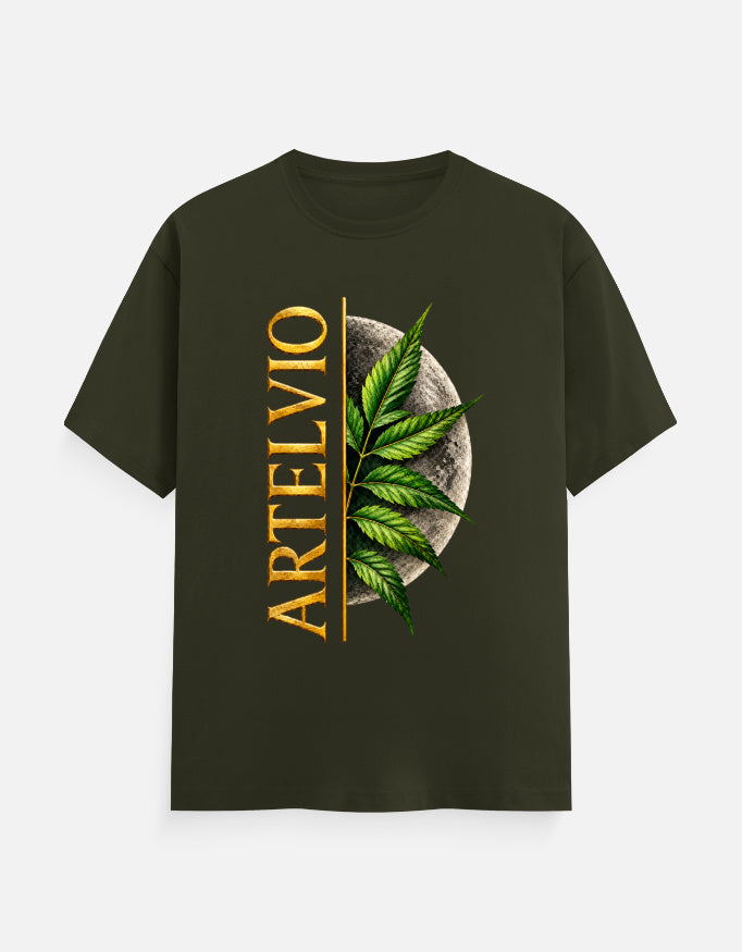 ARTELVIO Lunar Botanica Tee in olive green with green botanical leaves, full moon graphic, and vertical ARTELVIO typography