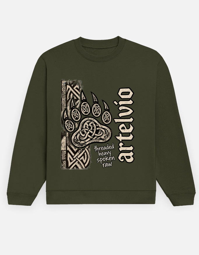 ARTELVIO THREADBOUND Men's Olive Green Sweatshirt with knotwork-inspired graphic and vertical lettering