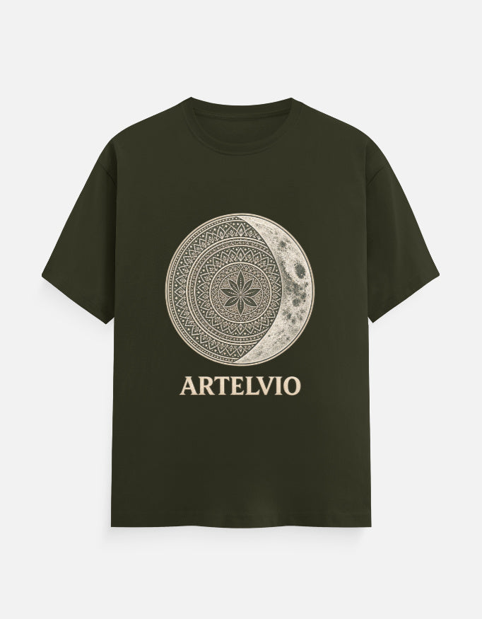 ARTELVIO Celestial Mandala Tee in olive green with a celestial mandala sun and crescent moon graphic on the front