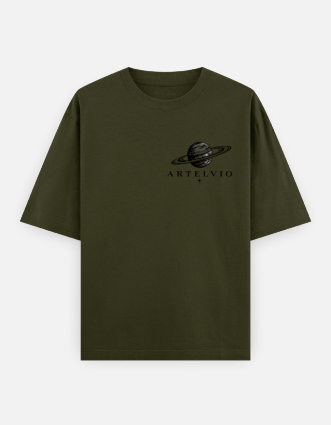 Olive green oversized t-shirt featuring the ARTELVIO ringed planet graphic on the chest