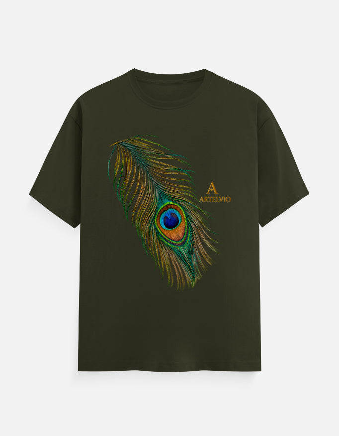 ARTELVIO Peacock Essence Tee in olive green with a detailed colorful peacock feather graphic.