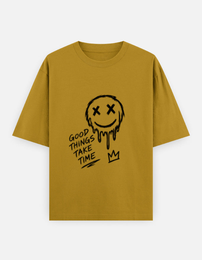 Artelvio The Wait oversized graphic t-shirt in mustard yellow with hand-drawn Good Things Take Time design