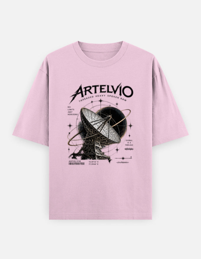ARTELVIO Signal From Beyond oversized light baby pink T-shirt with satellite dish graphic, 240 GSM heavyweight cotton