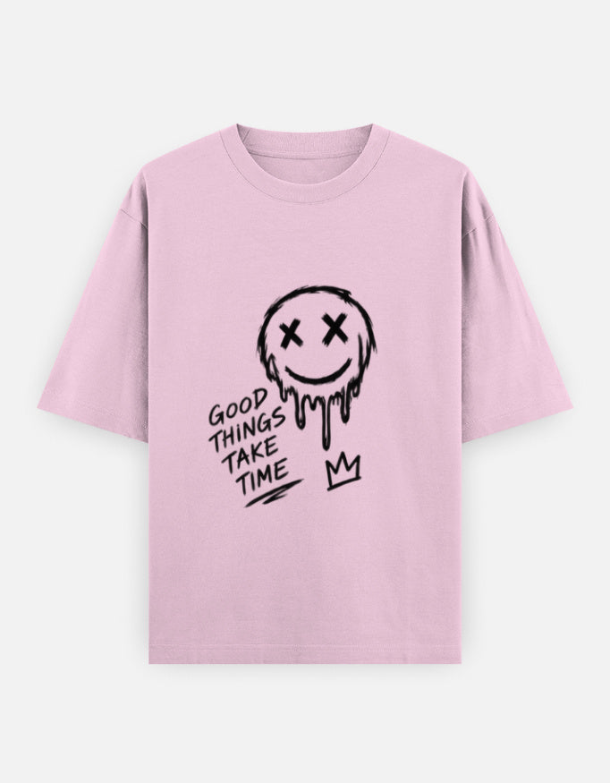 Artelvio The Wait oversized graphic t-shirt in pink with hand-drawn Good Things Take Time design