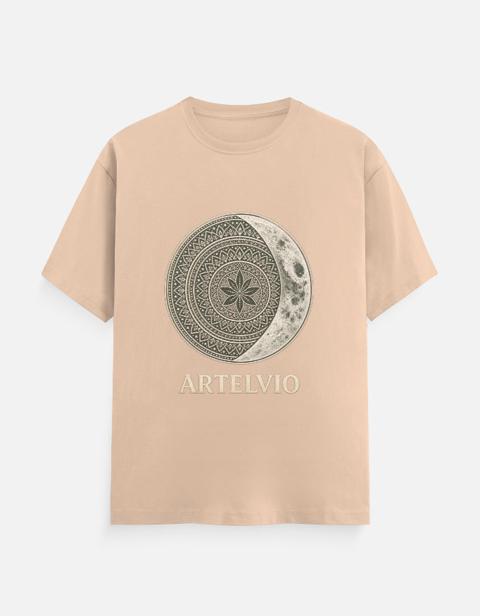 ARTELVIO Celestial Mandala Tee in peach with a celestial mandala sun and crescent moon graphic on the front