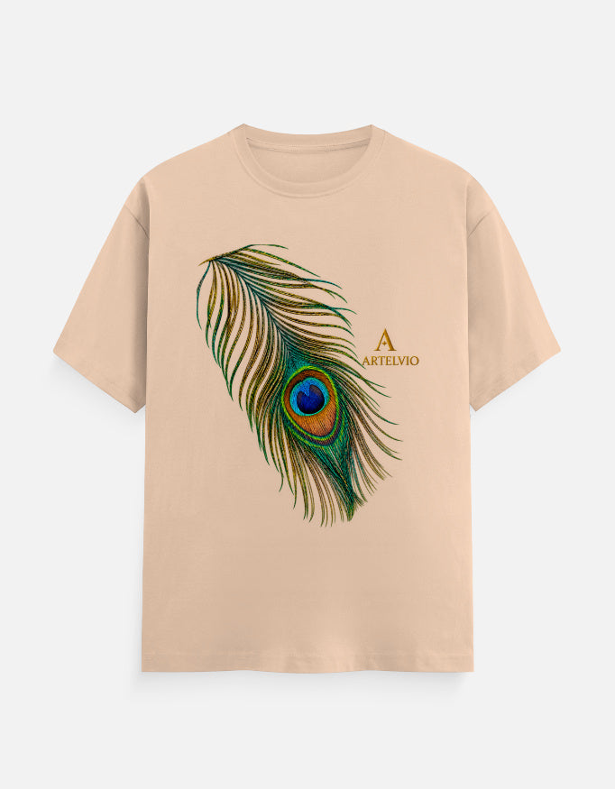 ARTELVIO Peacock Essence Tee in peach with a detailed colorful peacock feather graphic.