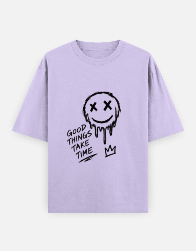 Artelvio The Wait oversized graphic t-shirt in lavender with hand-drawn Good Things Take Time design