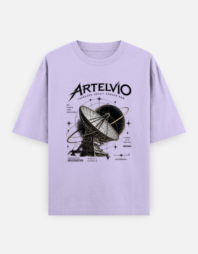 ARTELVIO Signal From Beyond oversized lavender T-shirt with satellite dish graphic, 240 GSM heavyweight cotton